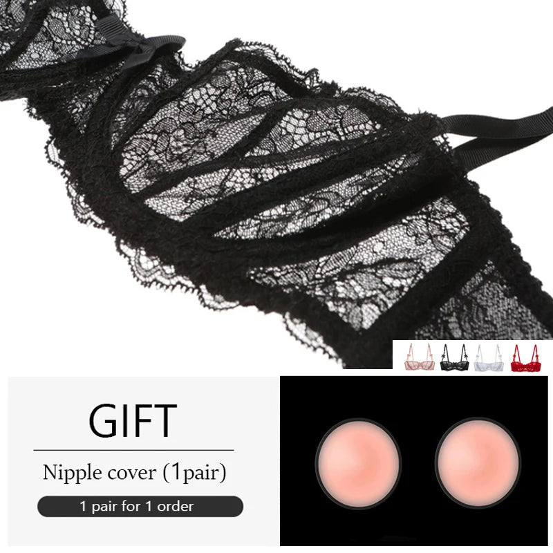 Sexy Lingerie Transparent Balconette Embroidery See Through Lace Bra