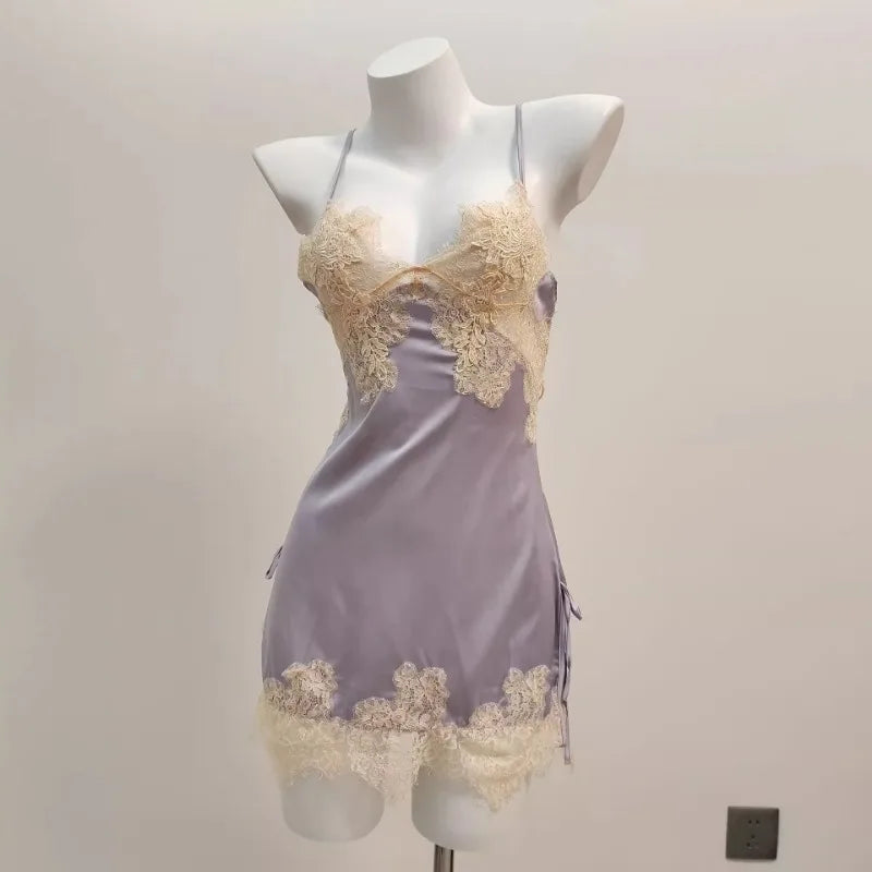 Ice Silk Lace Beautiful Back Suspender Pajama Night Dress