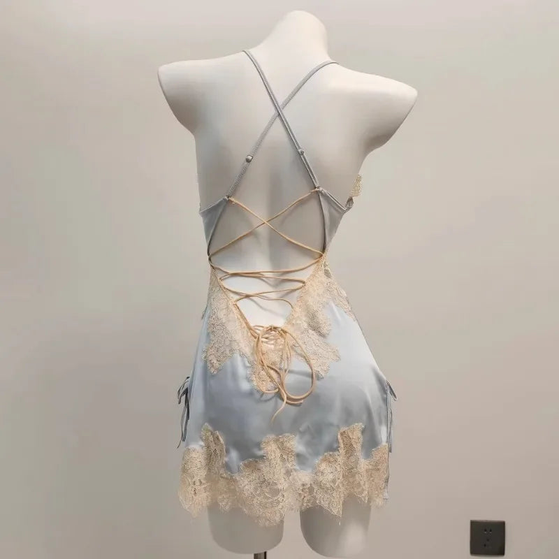 Ice Silk Lace Beautiful Back Suspender Pajama Night Dress