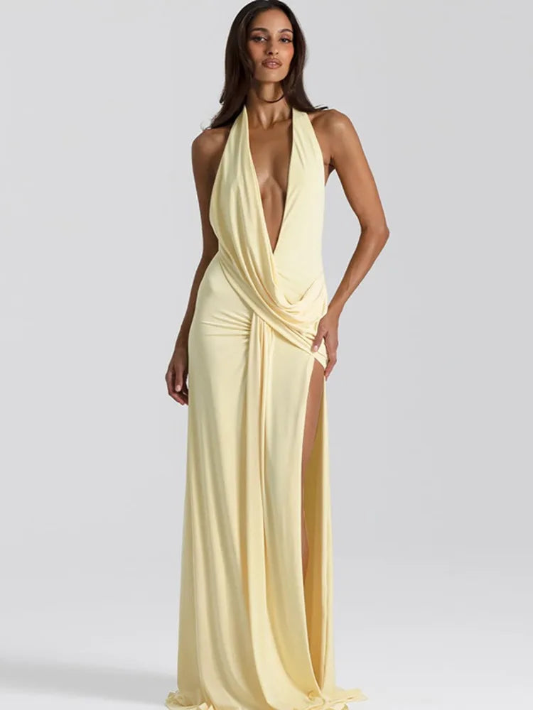 Mozision Halter Deep V Neck Backless Sexy Maxi Dress