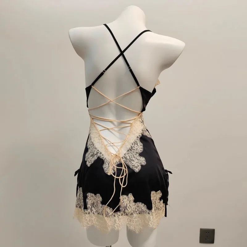 Ice Silk Lace Beautiful Back Suspender Pajama Night Dress