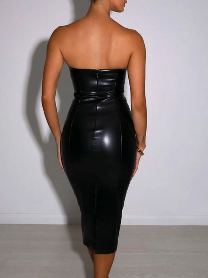 Sexy backless black leather dress