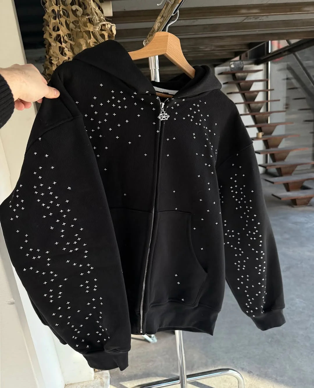 Rhinestone design zipper up