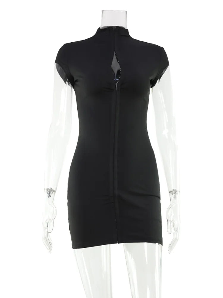 CNYISHE Solid Butoon High Collar Short Sleeve Dress