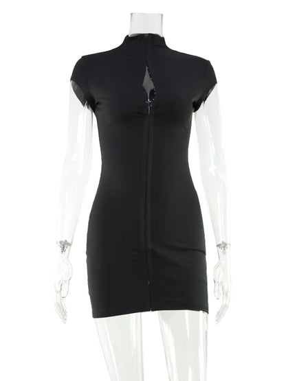 CNYISHE Solid Butoon High Collar Short Sleeve Dress
