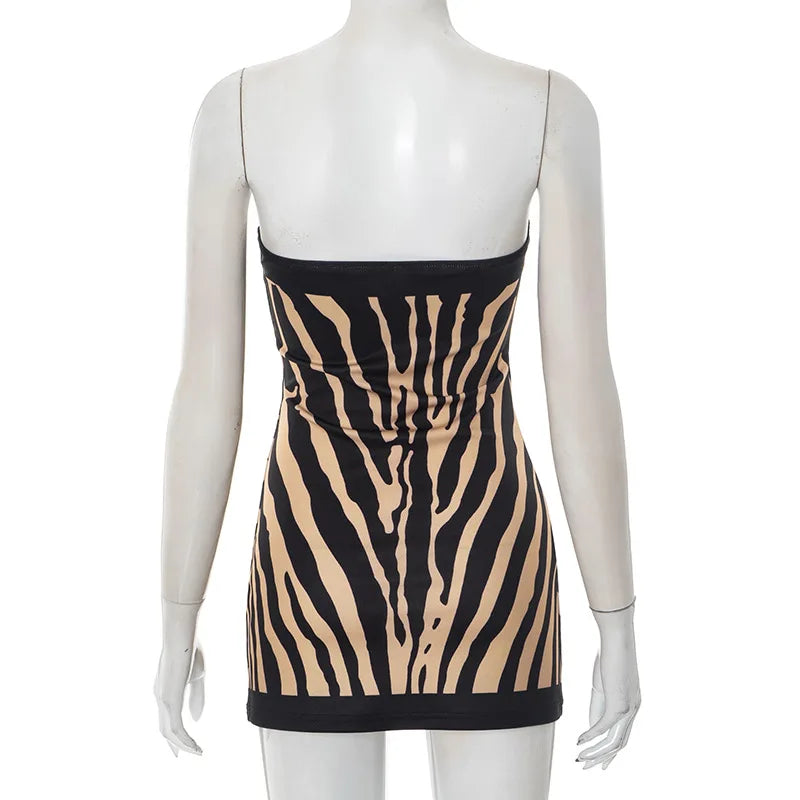 Zebra Striped Strapless Backless Mini A Line Dress