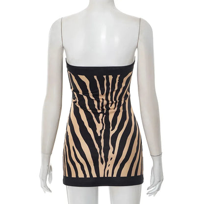 Zebra Striped Strapless Backless Mini A Line Dress