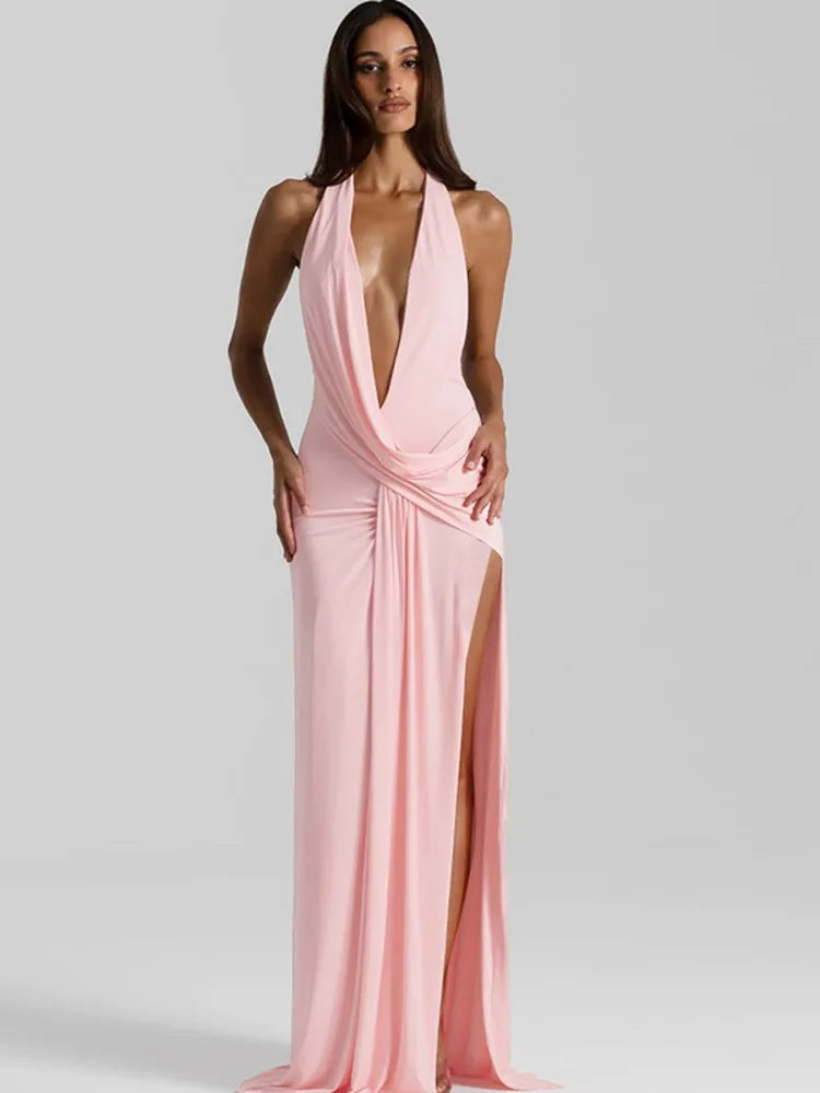 Mozision Halter Deep V Neck Backless Sexy Maxi Dress