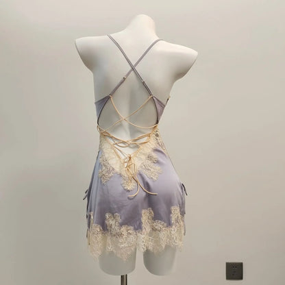 Ice Silk Lace Beautiful Back Suspender Pajama Night Dress