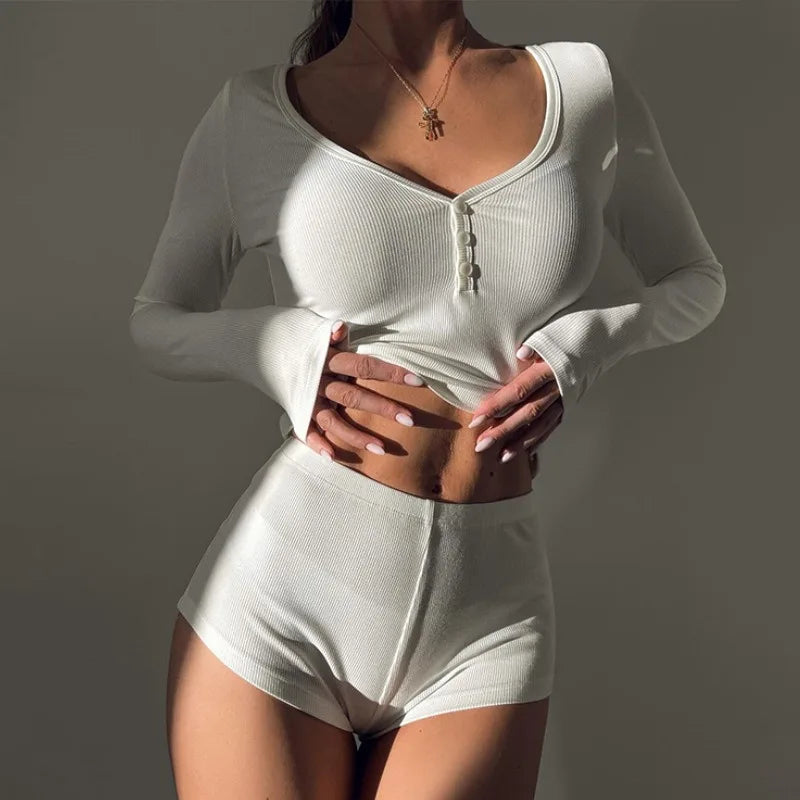 Women 2 Piece Pajamas Shorts Set Long Sleeve