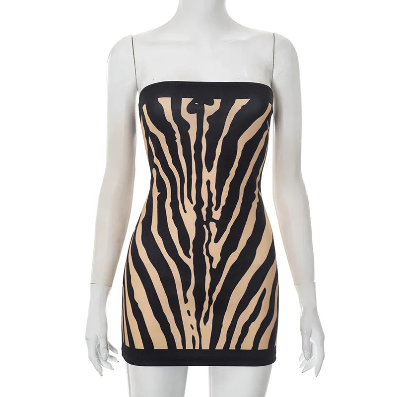 Zebra Striped Strapless Backless Mini A Line Dress
