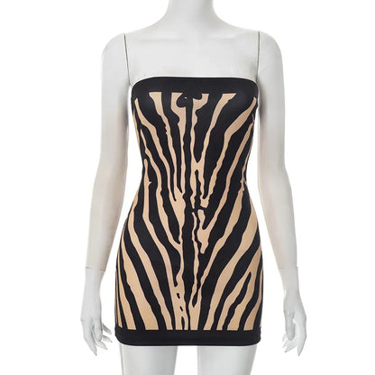 Zebra Striped Strapless Backless Mini A Line Dress