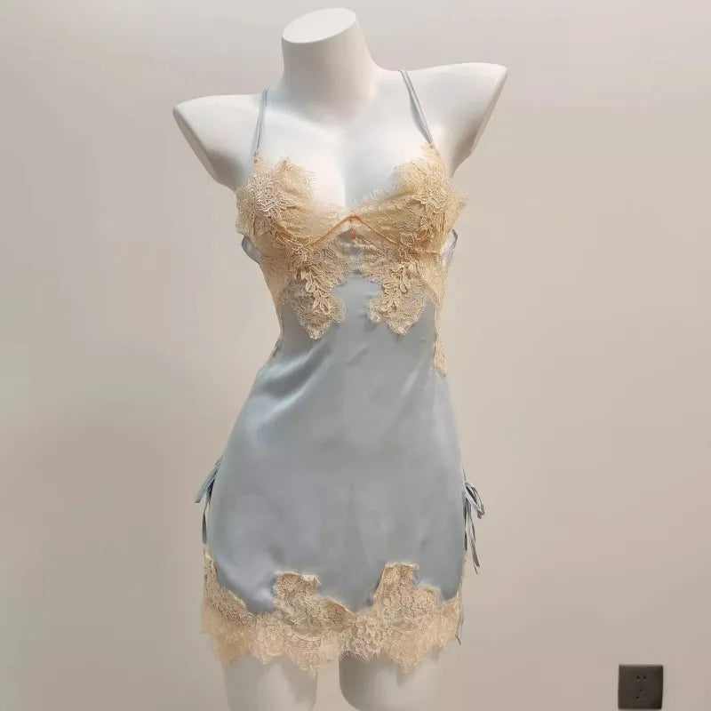 Ice Silk Lace Beautiful Back Suspender Pajama Night Dress