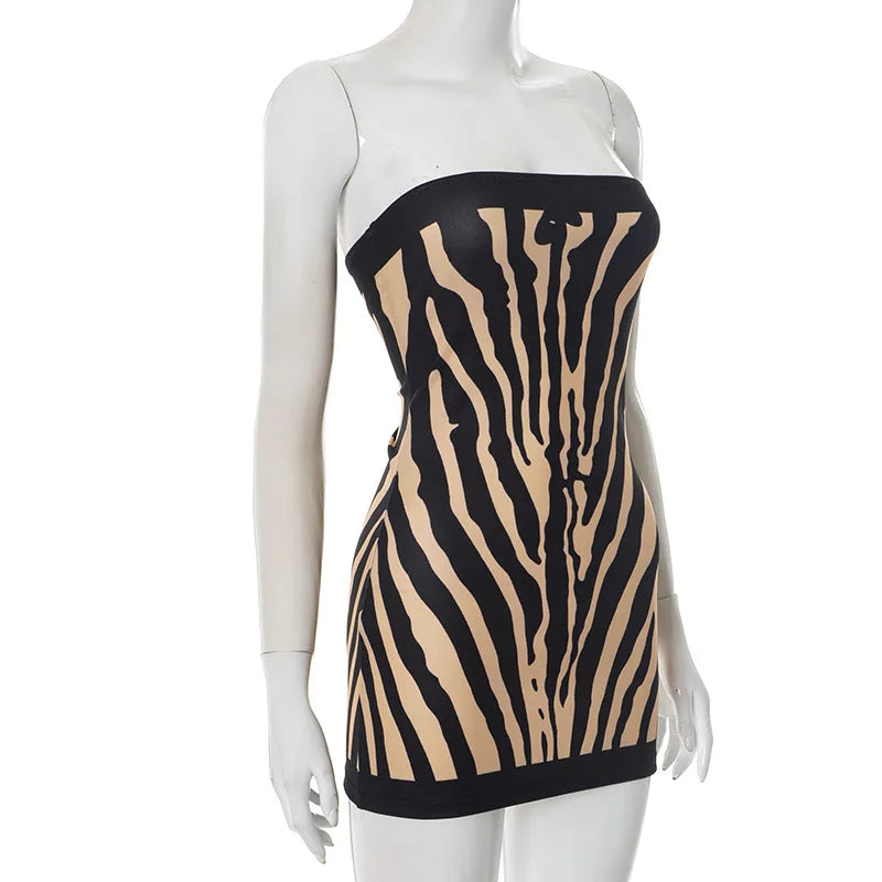 Zebra Striped Strapless Backless Mini A Line Dress