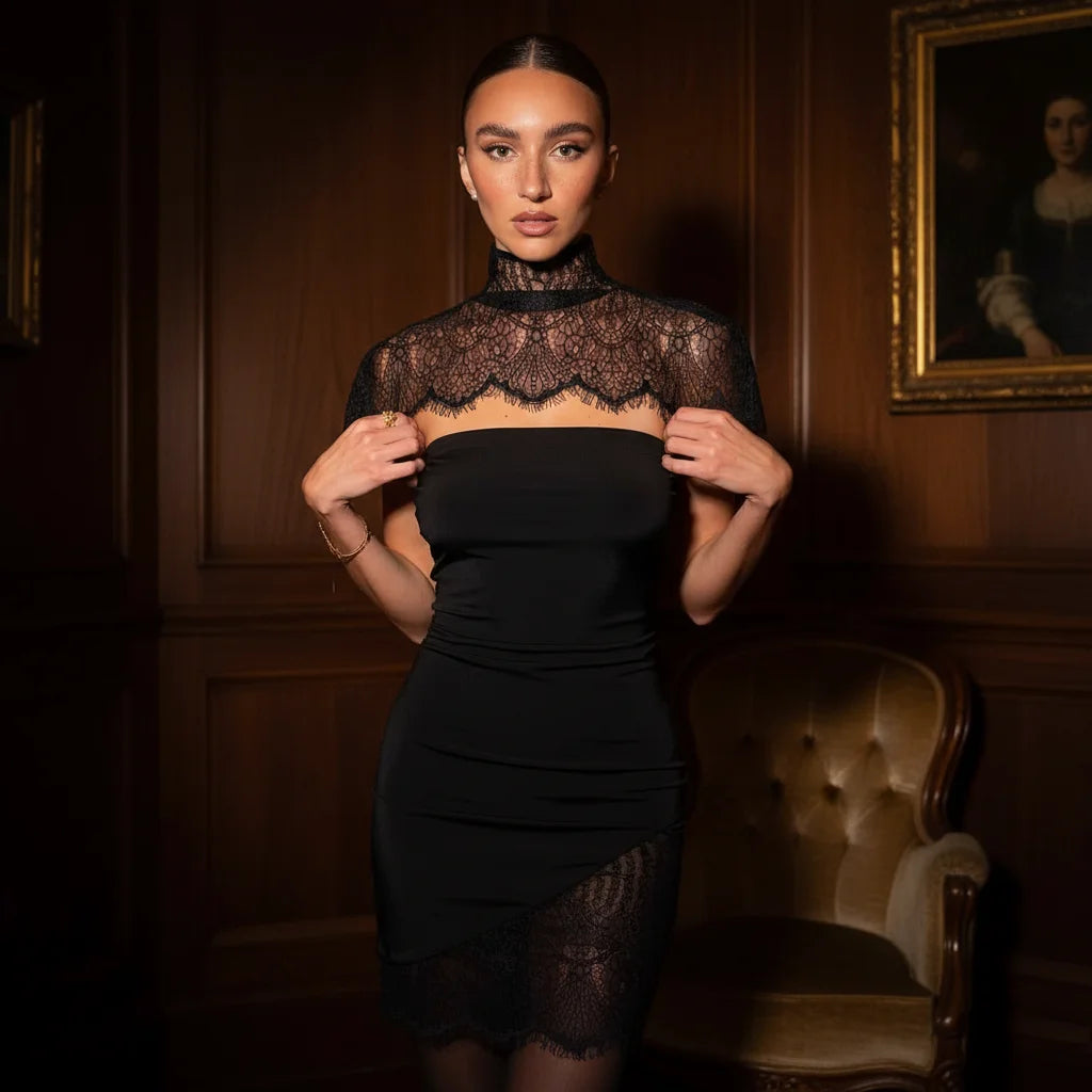 Black Lace Patchwork Strapless Dress