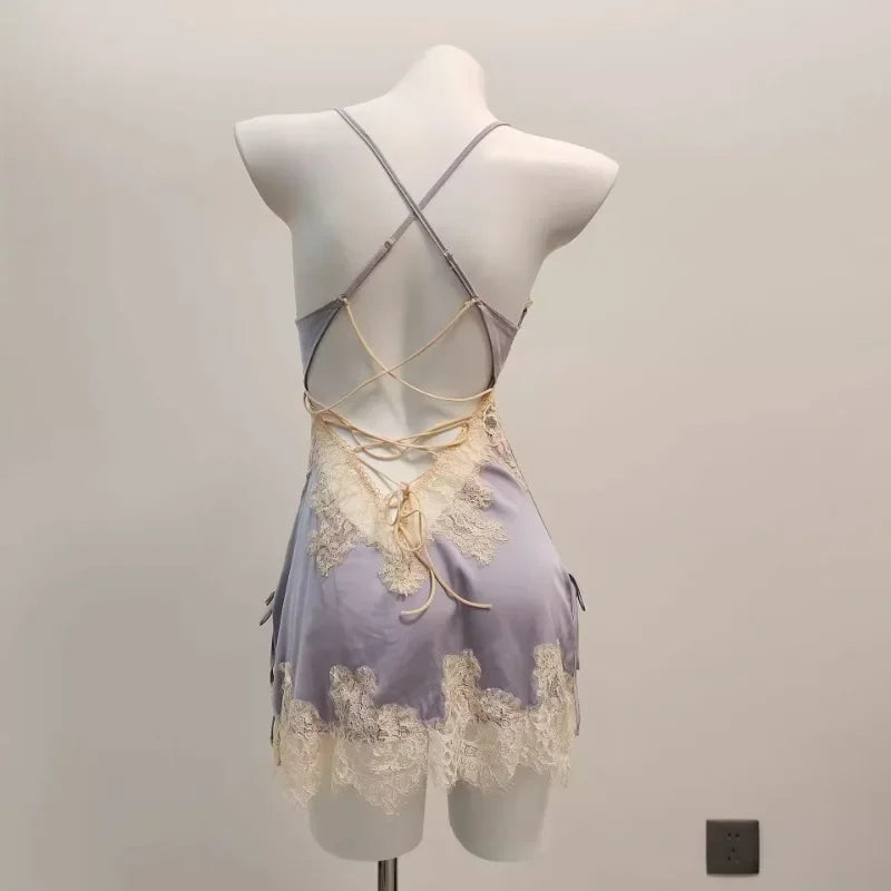 Ice Silk Lace Beautiful Back Suspender Pajama Night Dress