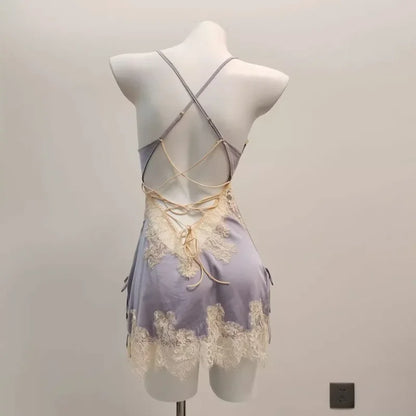 Ice Silk Lace Beautiful Back Suspender Pajama Night Dress