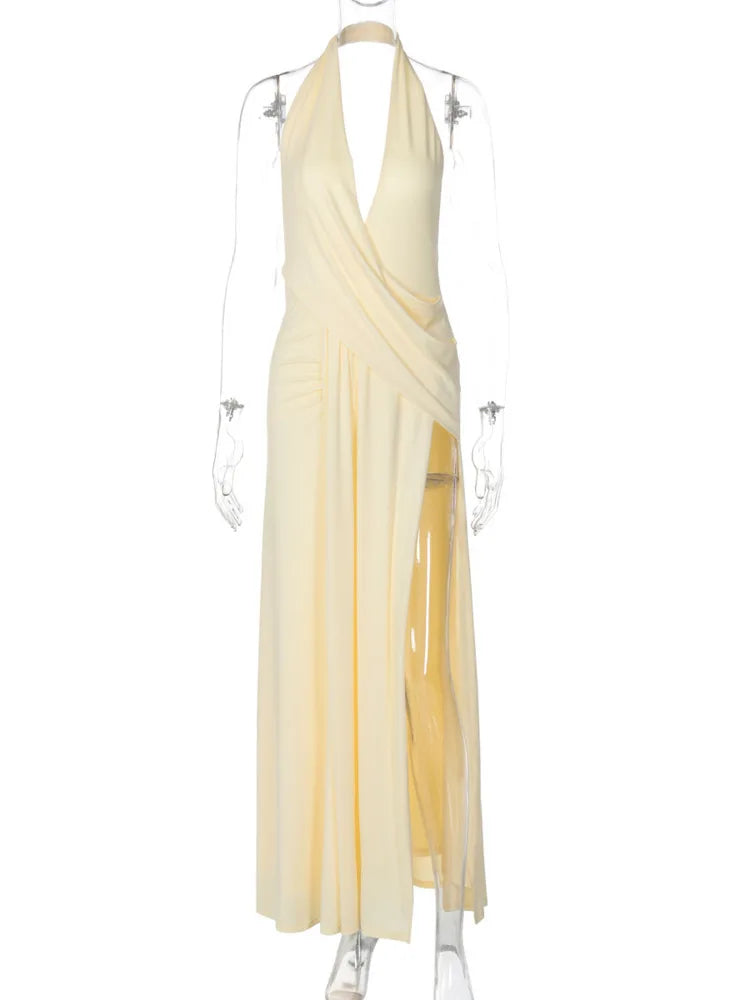 Mozision Halter Deep V Neck Backless Sexy Maxi Dress